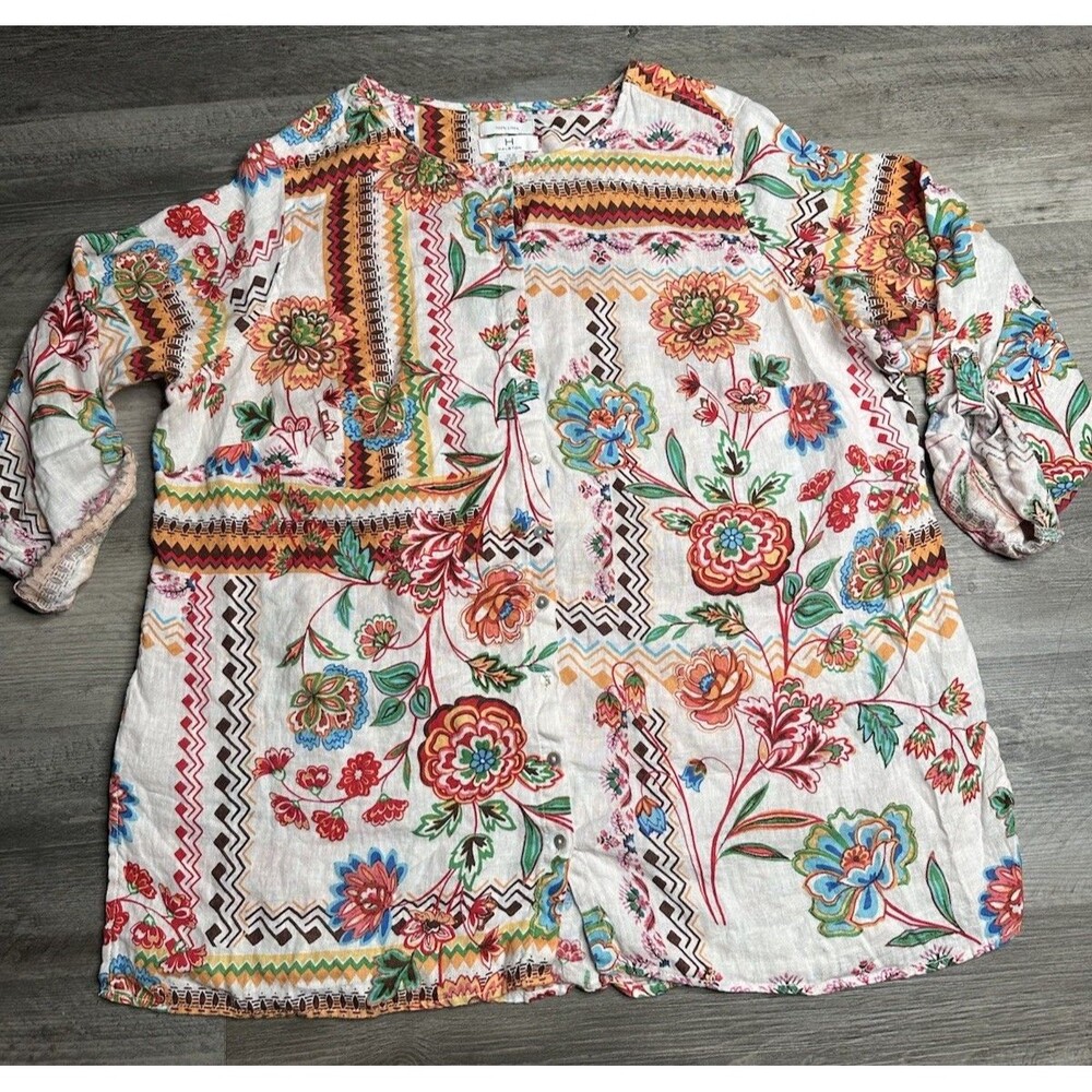 Halston Shirt Womens 2X Multicolor Floral Linen Button Front Boho Top Blouse